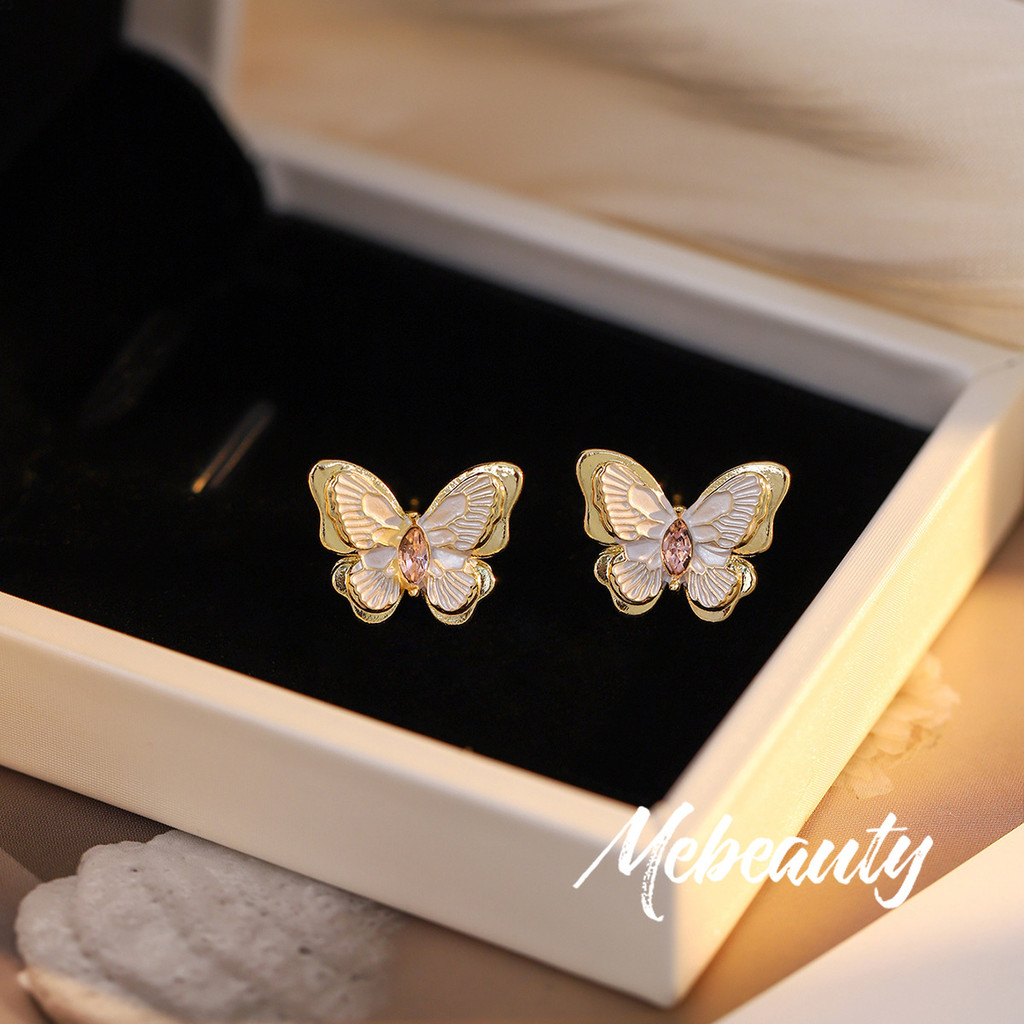 MEBEAUTY Anting Wanita Kupu Kupu Zirkonia Pink Retro Alam Taman Monet Oli Putih Elegan Cantik Anti K