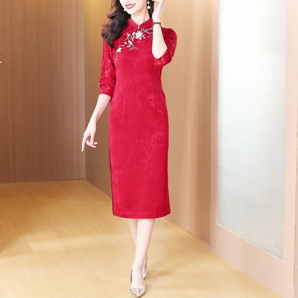 202512v Pakaian Cheongsam Merah Model Baru Gaun Pesta Pernikahan Gaun Wanita