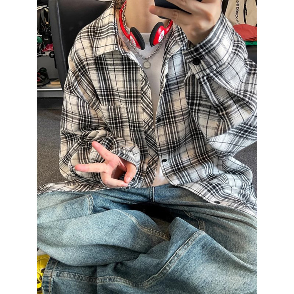 Kemeja lengan panjang kotak-kotak hitam dan putih pria berkualitas tinggi  jaket kemeja retro