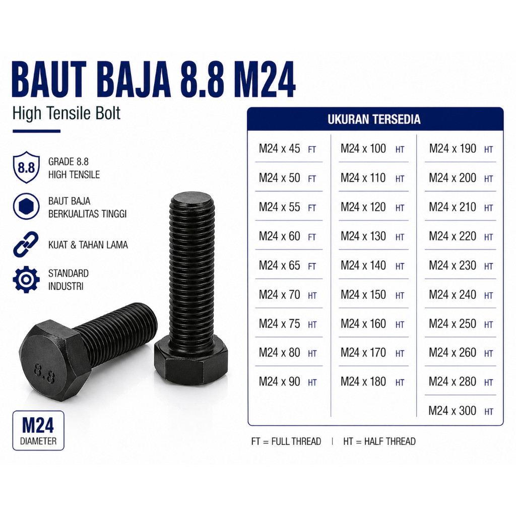 Baja 8.8 Baut M24X70 / Baut 24X70 / M24 X 70 / 24 X 70  Grade 8.8 HTB - High Tensile Bolt Half Drat