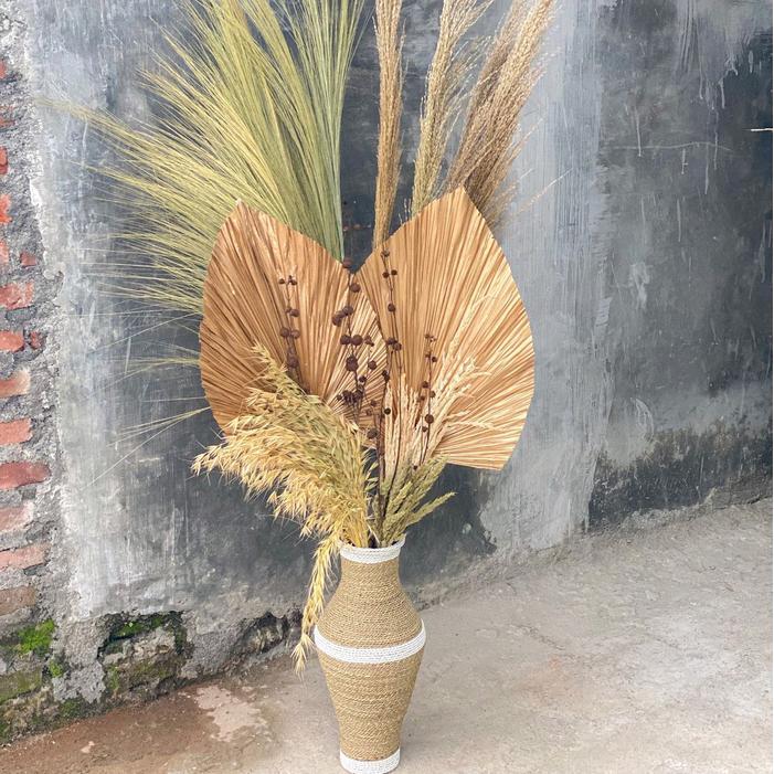 PAKET BUNGA KERING HIASAN SUDUT RUANGAN + GUCI 40CM - PAKET GOLD, GUCI NATURAL 40CM