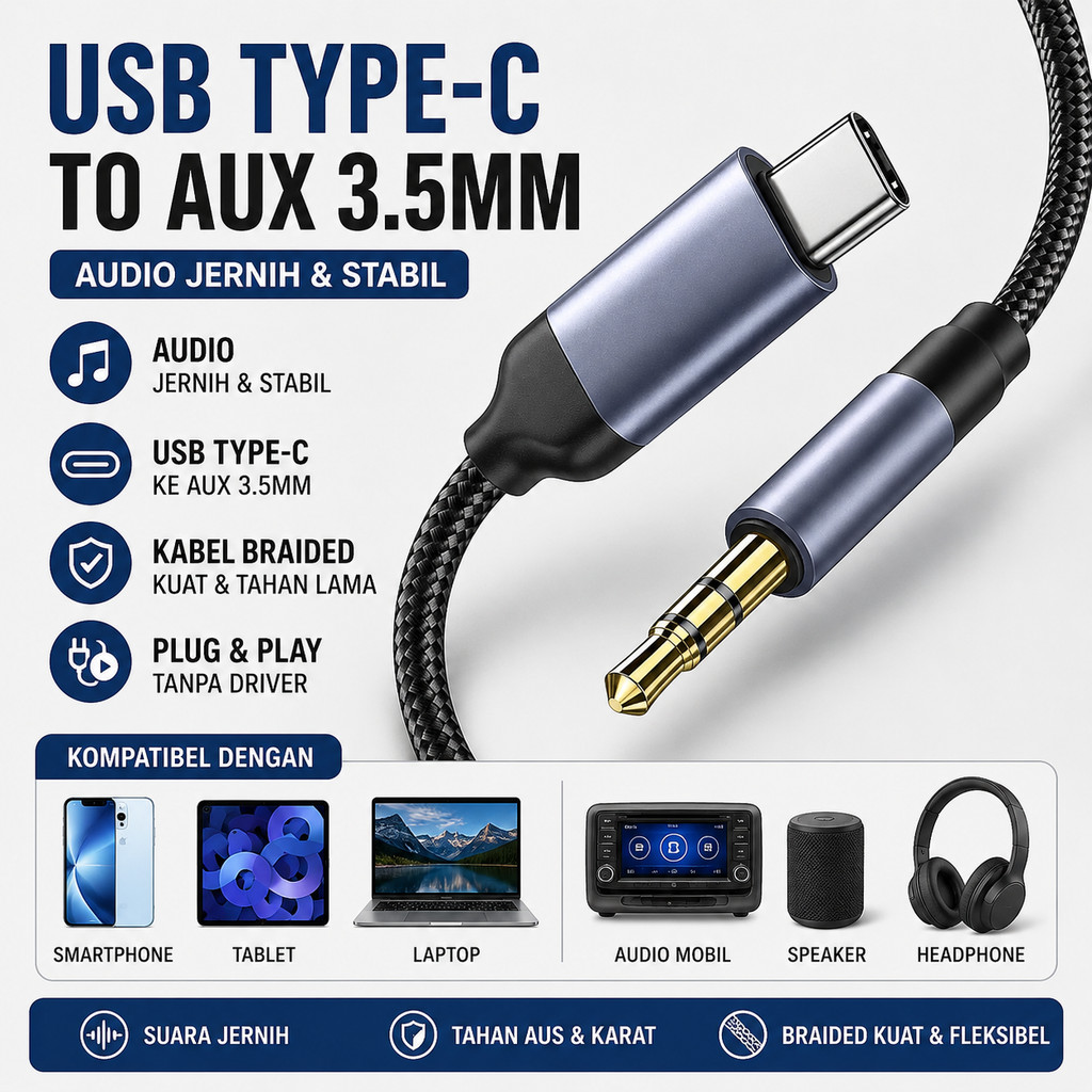 Kabel Aux Type C Ke Jack 3.5mm Kabel Audio Usb Type C To Aux Male Sambungan Hp Ke Speaker Audio Mobi