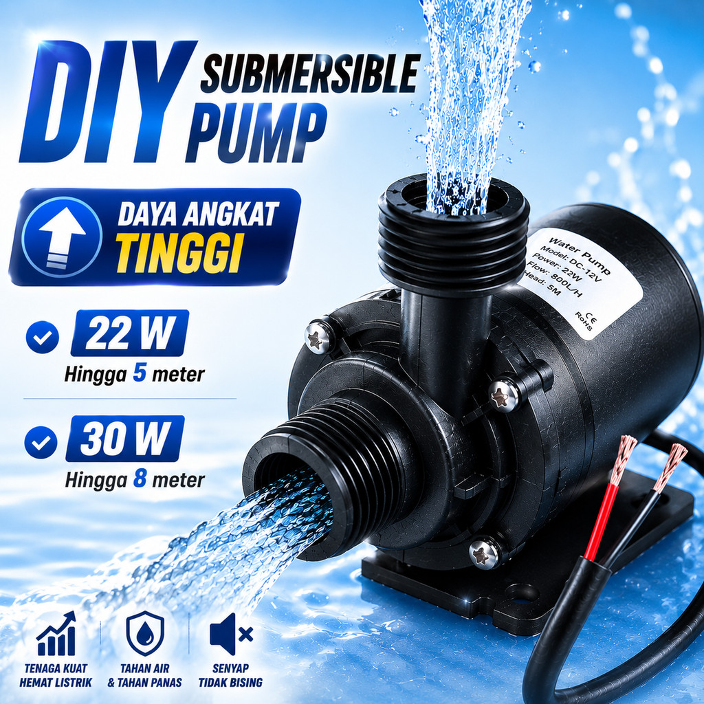 Pompa Air Celup Submersible DC 12V 24V Tekanan Tinggi 22W 30W Debit 800–1000L/H Head 5–8 Meter Aquar