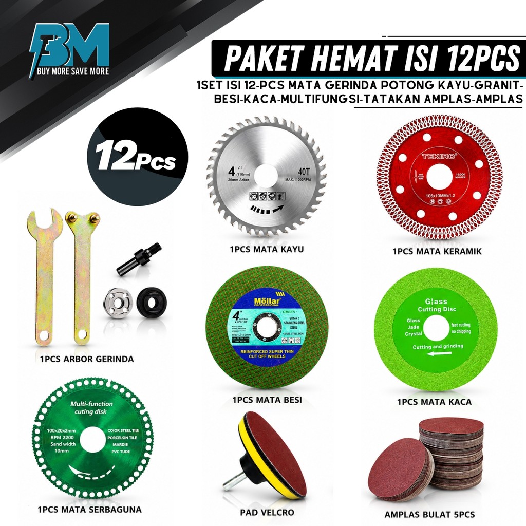PAKET LENGKAP 12 PCS Mata Gerinda Potong Kayu - Keramik - Besi - Amplas - Poles - Asah - Amplas Mata