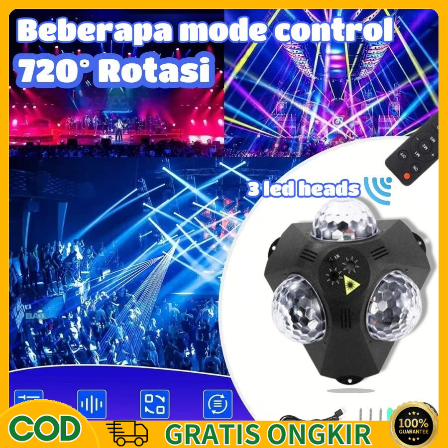 [COD] Lampu Disco Led Putar Full Warna Sensor Suara Musik Kamar Proyektor RGB 3Bola 15W Lampu Diskot