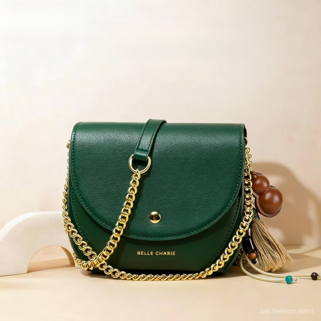 Tas Saddle Mini Korea Jepang, Tas Bulat Simple Trendy, Desain Mewah, Rantai Elegan, Tas Selempang & 