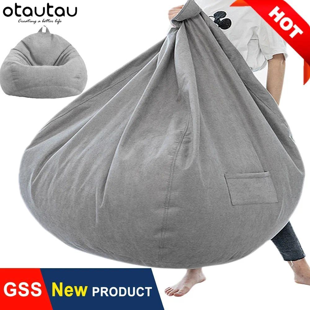 OTAUTAU Bean Bag Chair with Filling  Stuffed Giant Beanbag Sofa Bed Thick Linen Flocking Pouf Ottoma