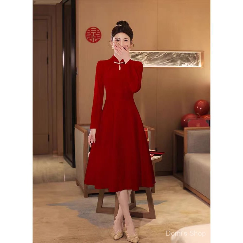 New Chinese Style Long Sleeve Qipao Red Dress Bride Wedding Gown