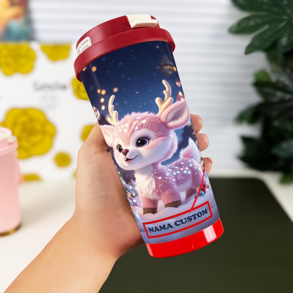 custom nama Tumbler Cangkir Termos Motif Rusa imut dengan tanduk kecil Christmas 500ml - Motif Rusa 