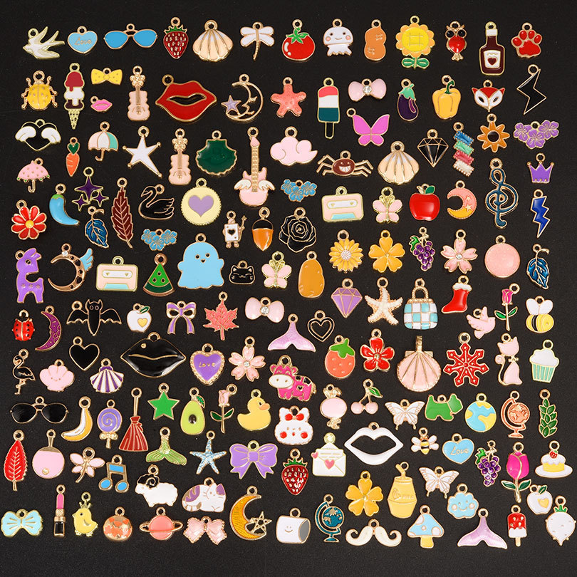 30/60/100pcs Random Mix Enamel/Drip Oil Charms For Jewelry Making Bulk Cute Charm Flower Heart Anima
