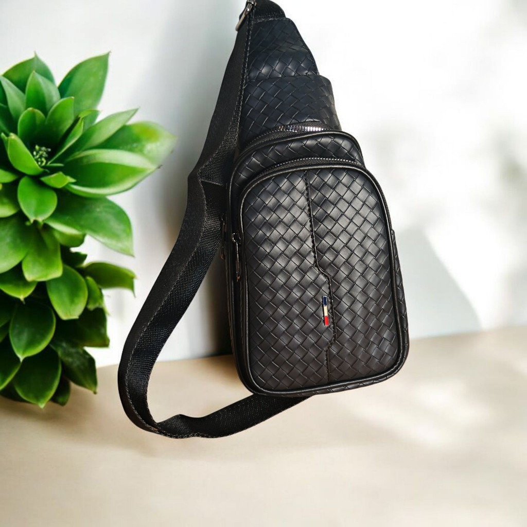 BUMB Tas Selempang Kulit Cowok Motif Anyaman Embos Tas Bahu Slingbag Cowok Tas Kerja Tas Hp