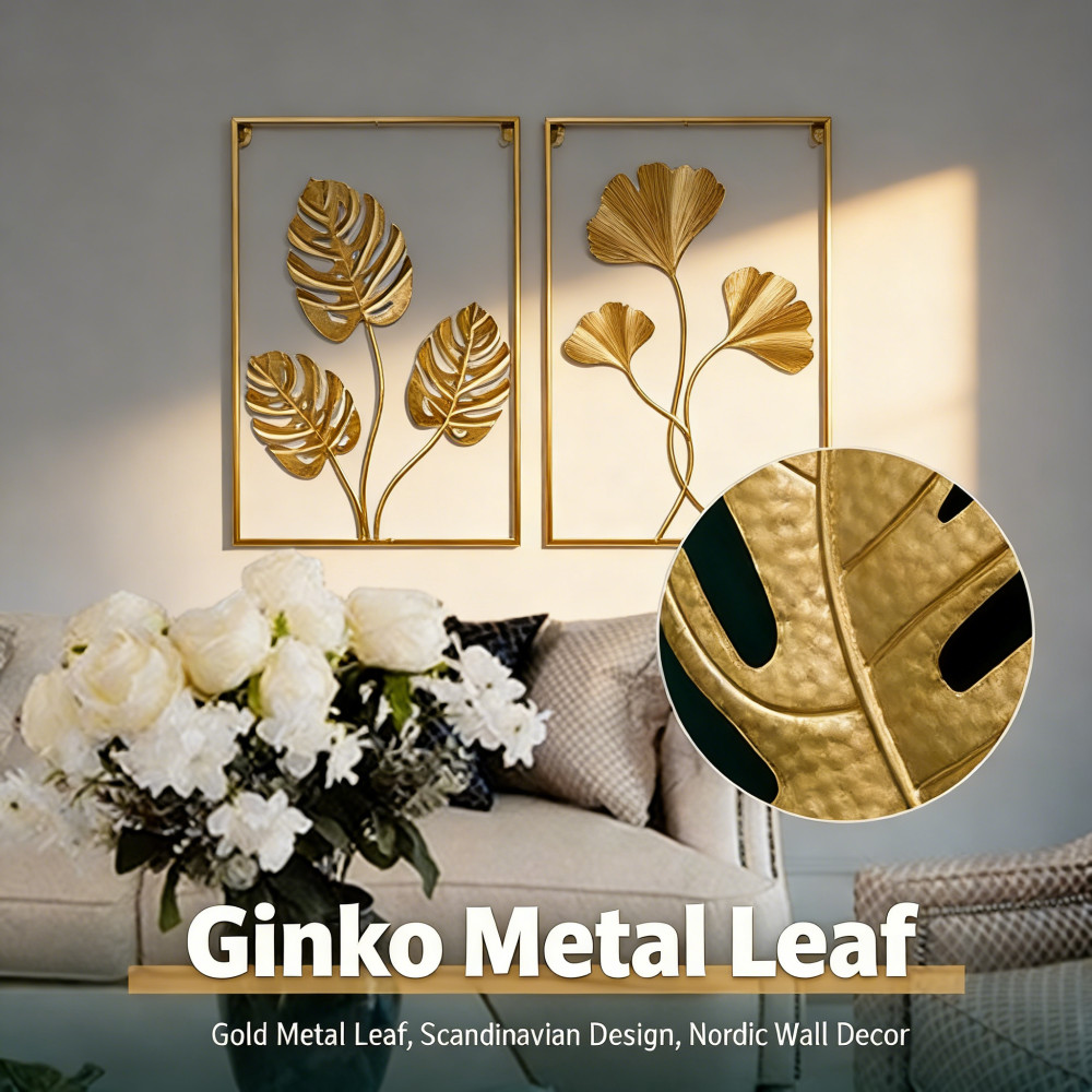 Gold Frame Ginko Leaf Scandinavian Decor Wall Nordic Hiasan Dinding