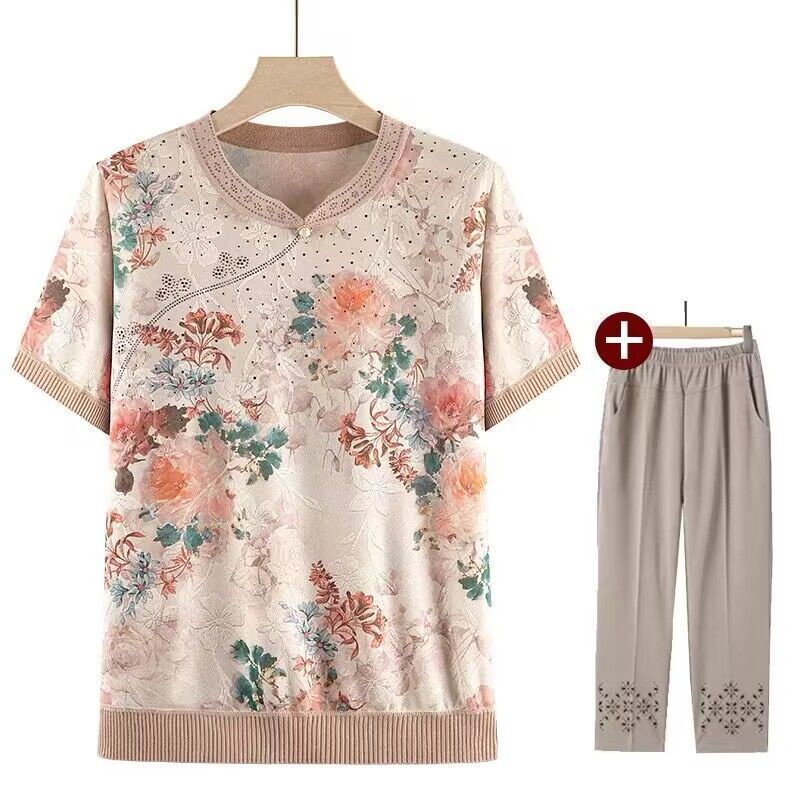 Ibu musim panas t-shirt tua wanita v-necklace nenek lengan pendek set wanita tua top celana