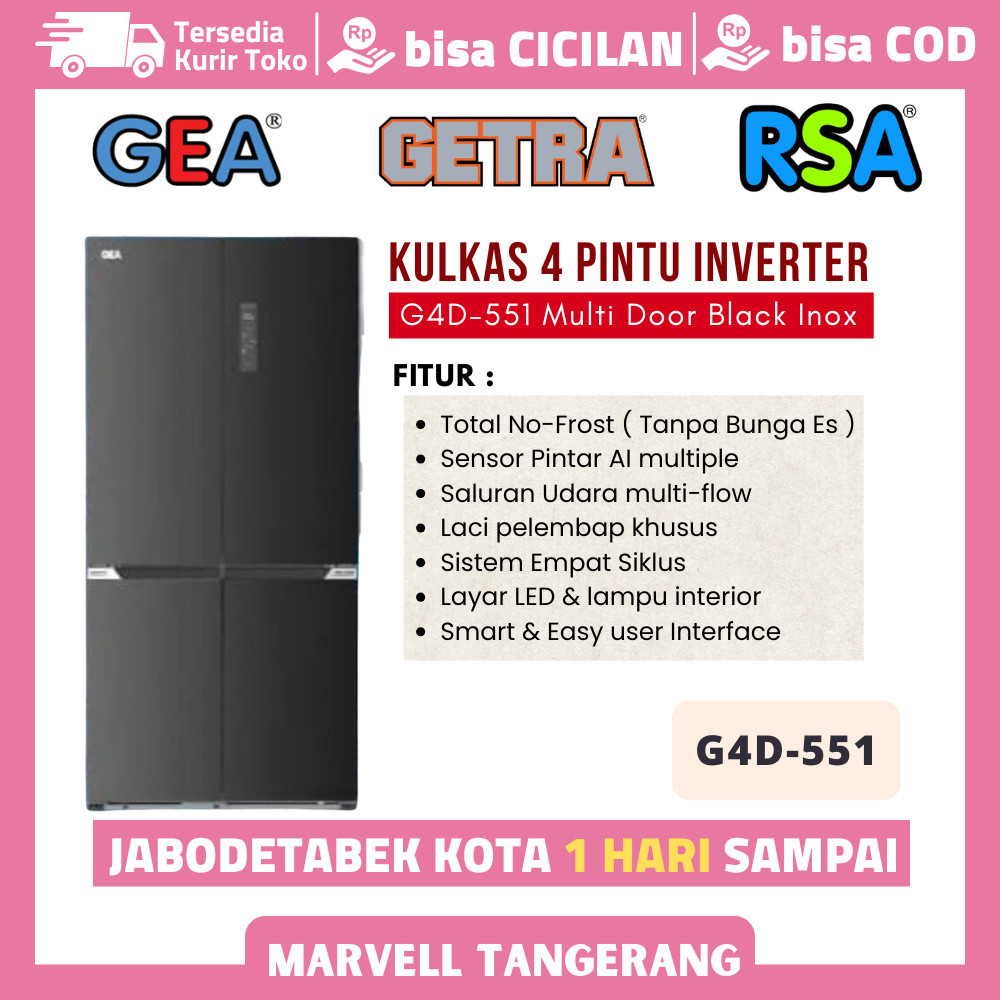 Gea G4D 551 G4D-551 Kulkas Side By Side 4 Pintu Inverter 551 Liter