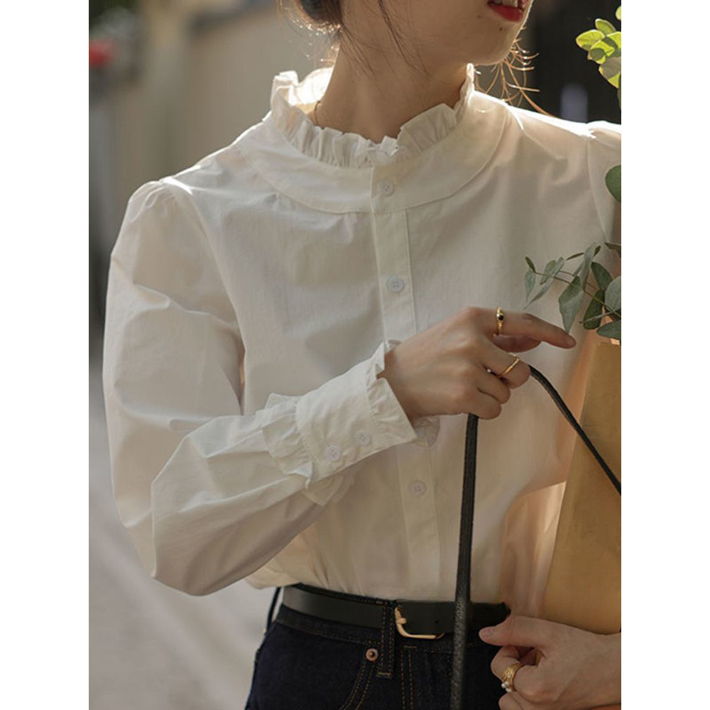 Atasan kemeja lengan panjang kerah renda Perancis untuk wanita mungil, kemeja putih bergaya