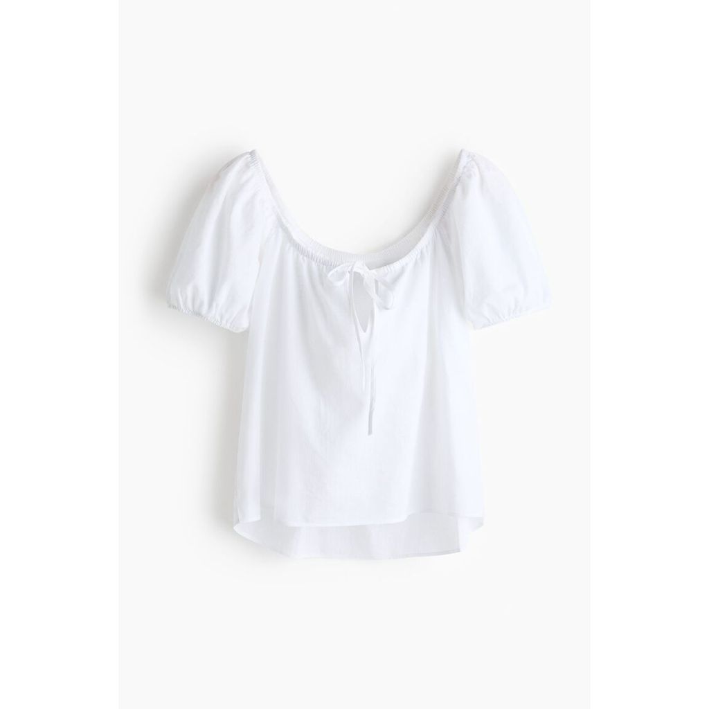 H&M Wanita Blus lengan puff dari campuran linen 1340965_0  - Warna Putih