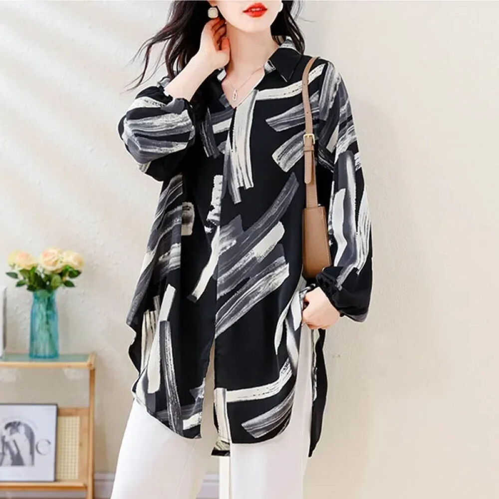 Kemeja Wanita Kerah Kemeja V Motif Sapuan Kuas Lengan Panjang Longgar Belahan Samping | Original By 