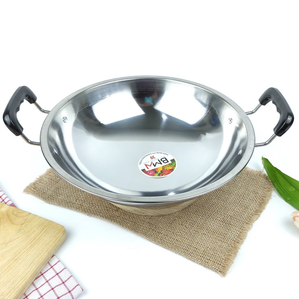 Wajan Kuali Penggorengan Wok Pan Stainless Steel Tebal Anti Lengket Cookware Kitchenware
