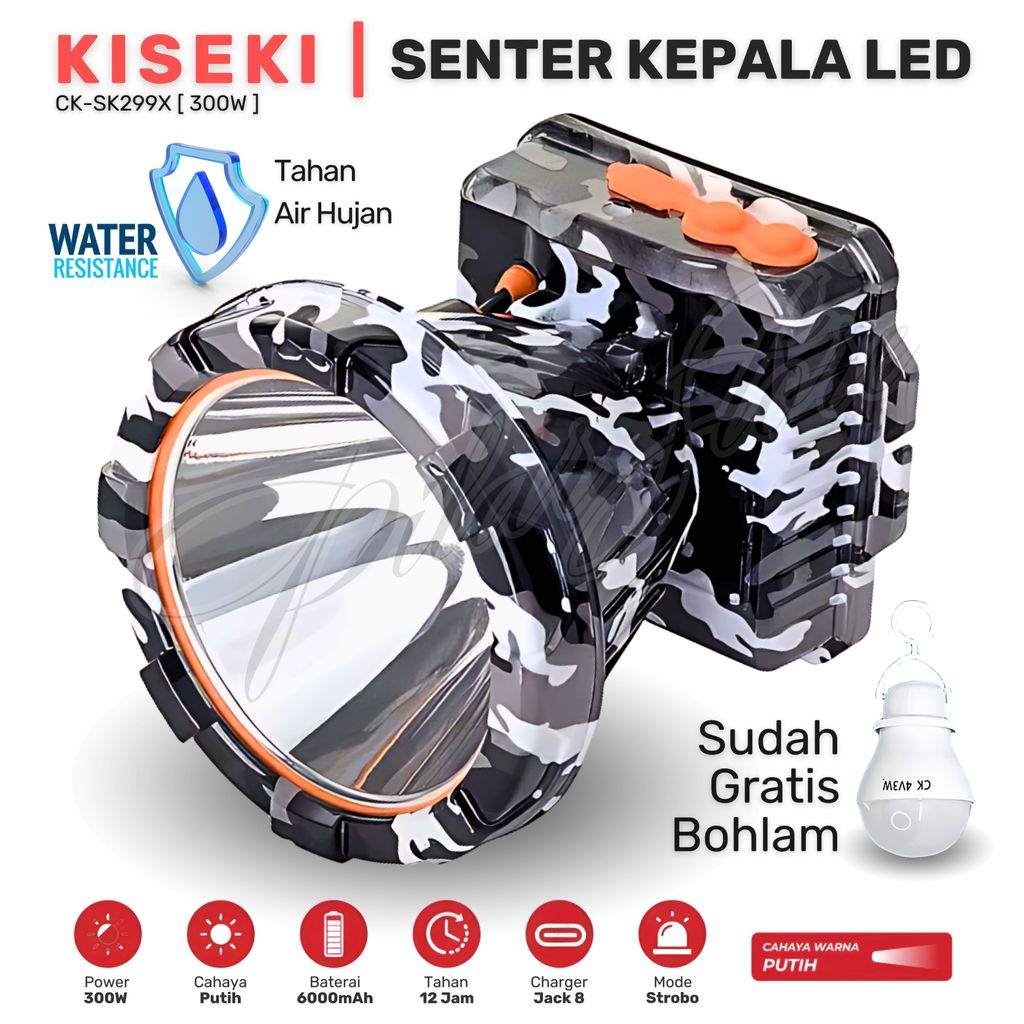 Senter Kepala LED 300W Kiseki CK-SK299X Gratis Bohlam | Headlamp Outdoor Camping Cahaya Putih Super 