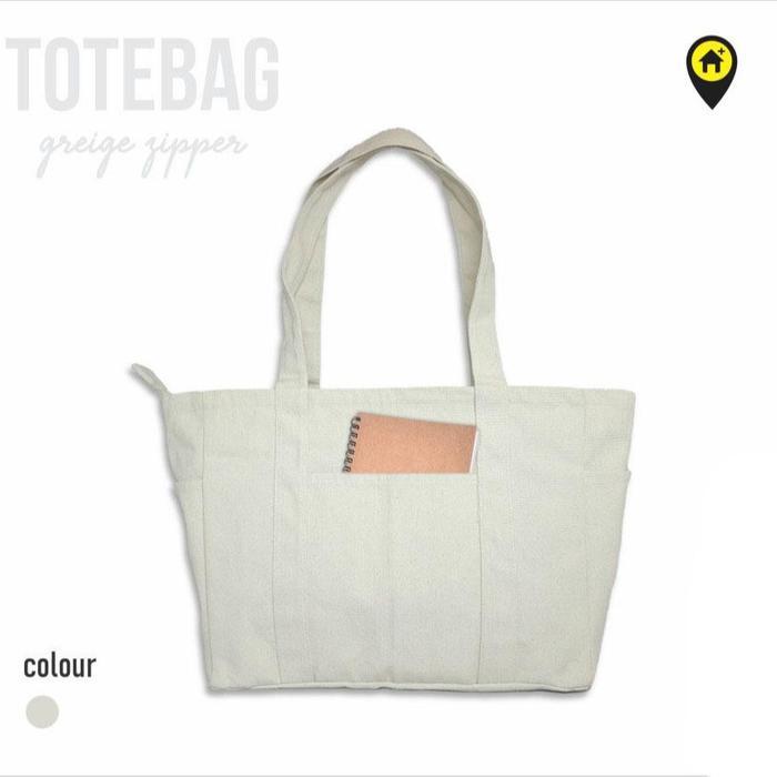 tote bag polos kanvas, resleting besar, totebag kanvas Wanita  natural, tas kanvas zipper, custom - 