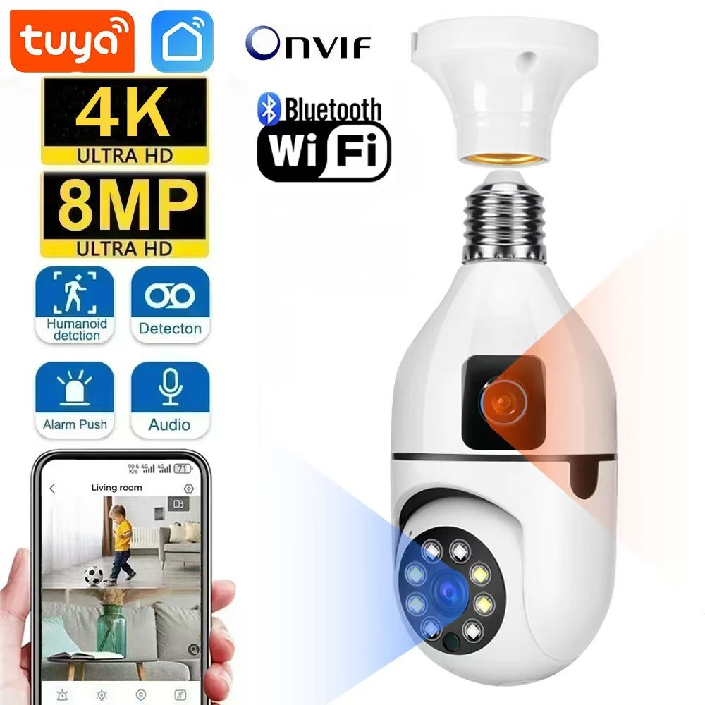 Tuya 8MP Full HD PTZ WiFi Dual Lens Dual Screen E27 Bulb Camera Tuya Smart Life Security Video Surve