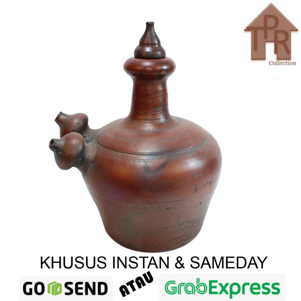 Gerabah Kendi Air Tanah Liat Model Susu Natural 2 Pancuran Kapasitas 2.5 Liter Made in Indonesia den