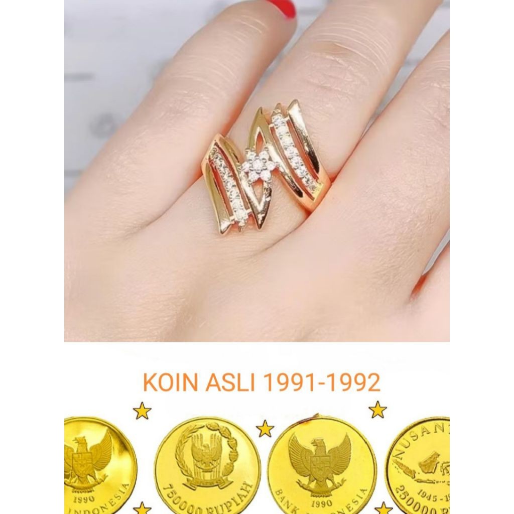 Azhar Aksesoris - CINCIN KOIN ASLI 1991 CINCIN ZIG-ZAG PETIR KEMBANG WARNA EMAS ANTI LUNTUR DAN KARA