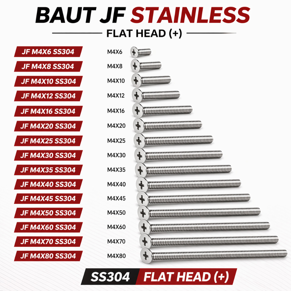 Baut JF M4X70 Machine Screw M4 X 70 Flat Head 4X70 Baut Obeng + Kepala Rata Stainless SS304
