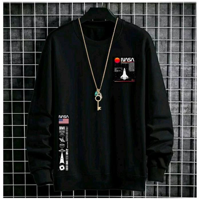 Crewneck Nasa Pria wanita Sweater Crewneck Bahan Fleece Sweatshirt Distro - Hitam, M