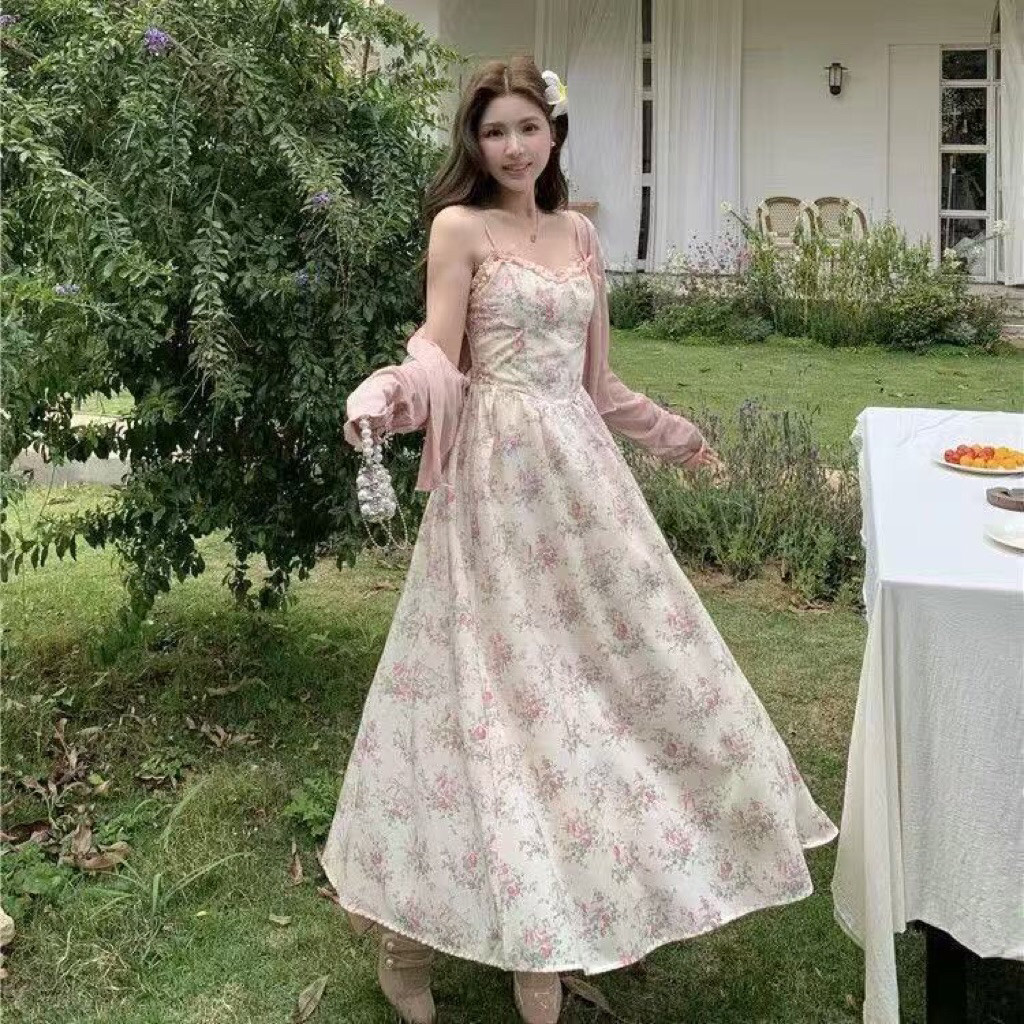 AANTOI SELLER Setelan Long Dress Suspender Manis + Cardigan || Dress Bunga Motif Retro Prancis Ukura