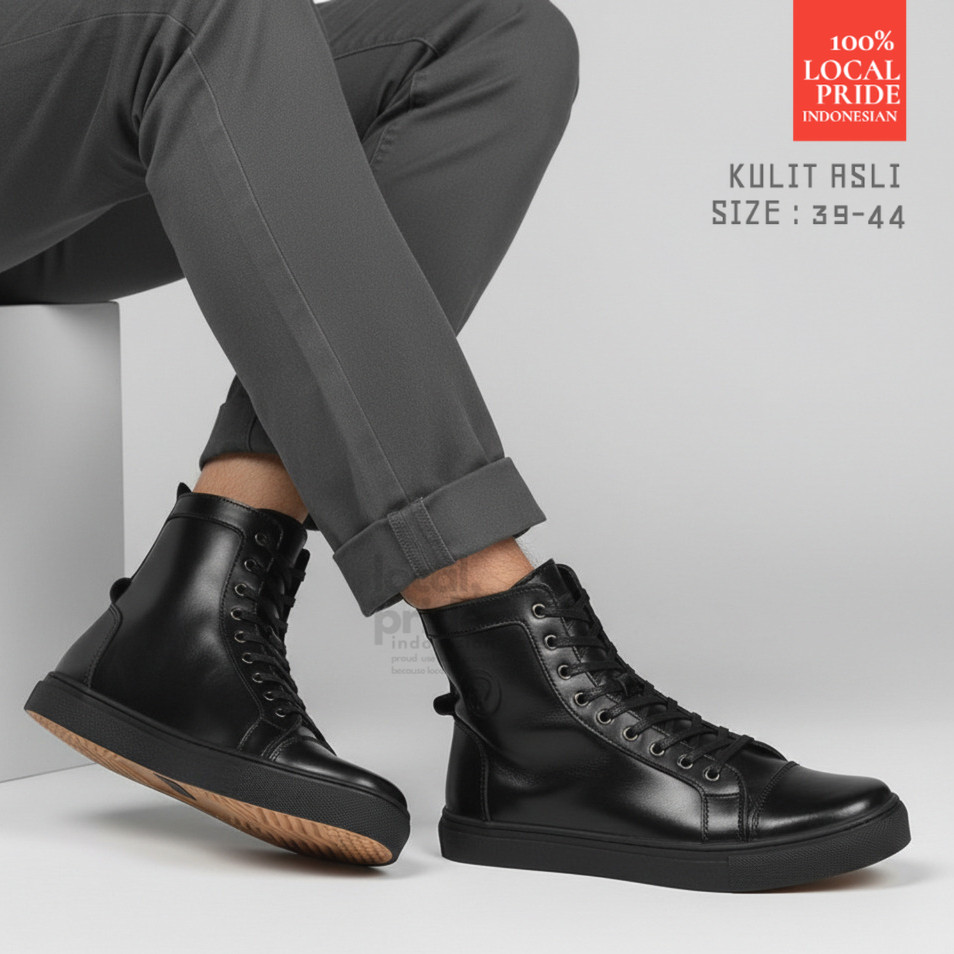 GREATA KHAFRA FULL BLACK Sepatu Boots Sneaker Kulit Asli Pria