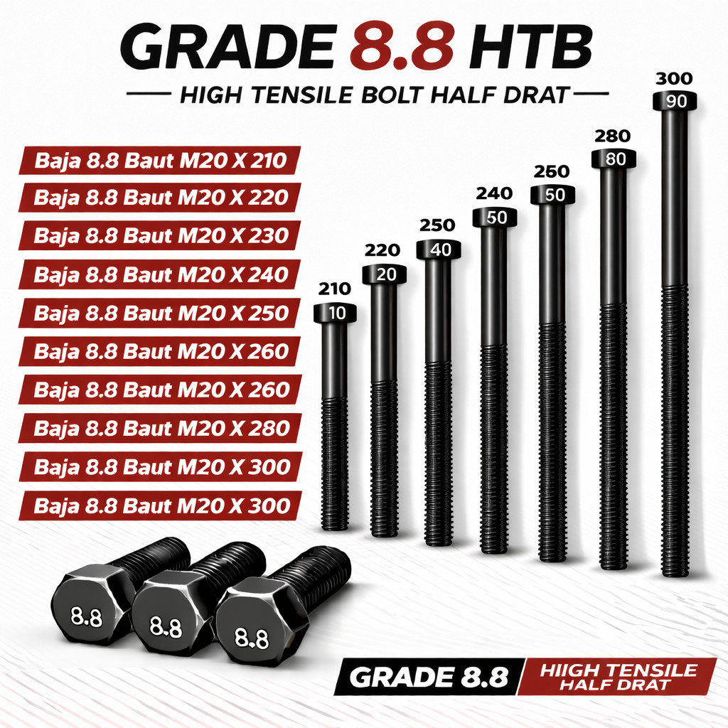 Baja 8.8 Baut M20X300 / Baut 20X300 / M20 X 300 / 20 X 300  Grade 8.8 HTB - High Tensile Bolt Half D