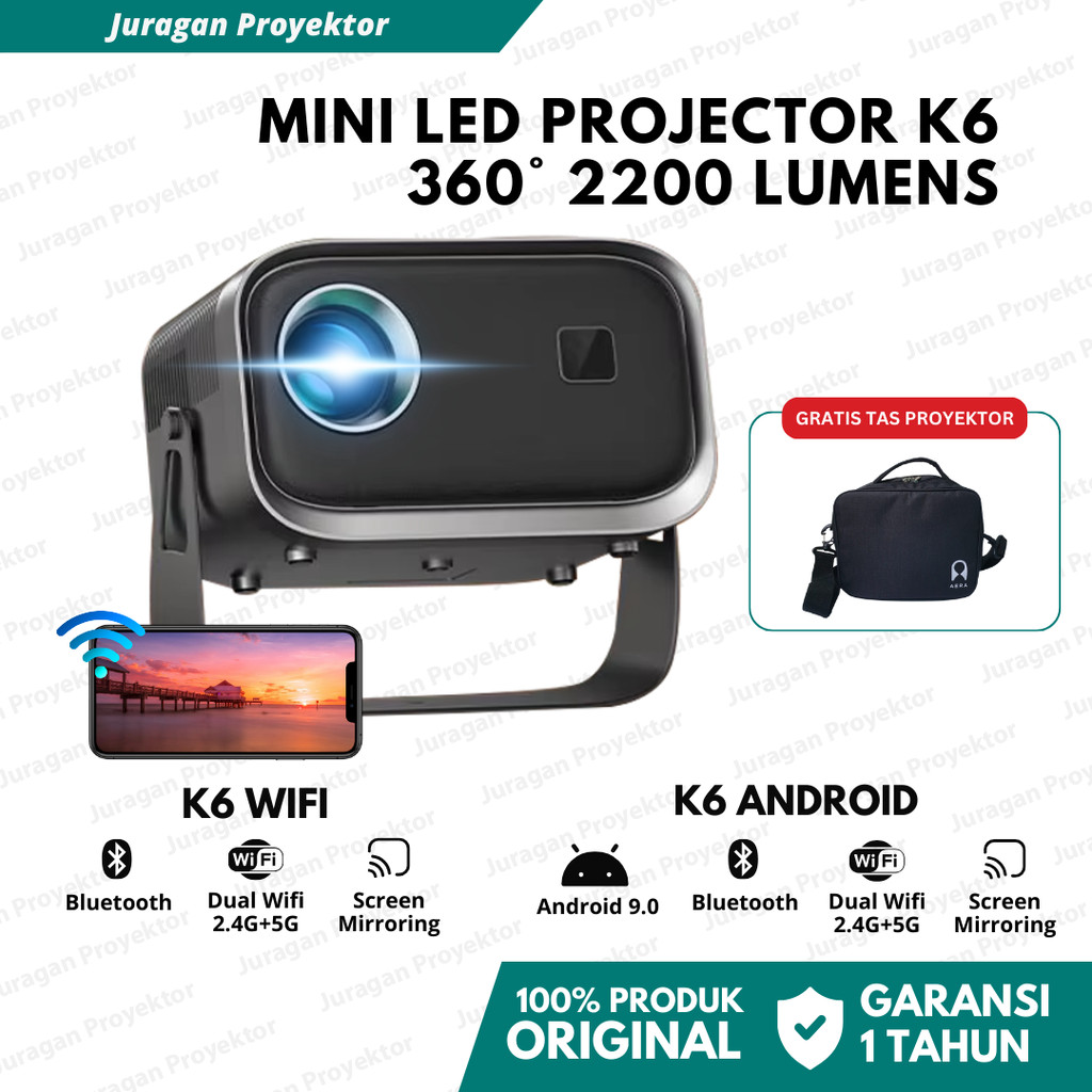 Smart Mini Proyektor K6A Android Wifi 2200 Lumens 360° Rotating Projector | Mini Proyektor K6 Wifi B