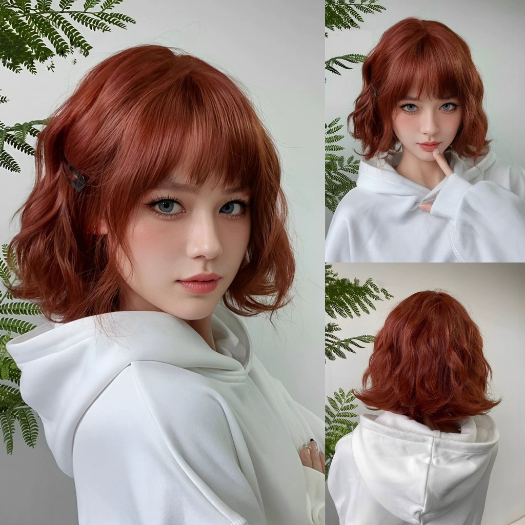 Allbell Magique Short Wavy Wig Bob Curly Wig With Bangs rty Orange Lolita Wigs Natural Synthetic Wig