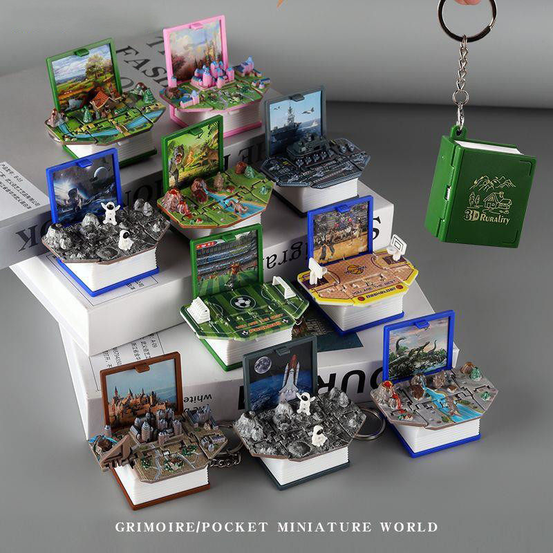 1PC Fold Book Keychain 3D Dinosaur Castle Popup Keyring Anxiety Stress Relief Children Kids Toy Chri