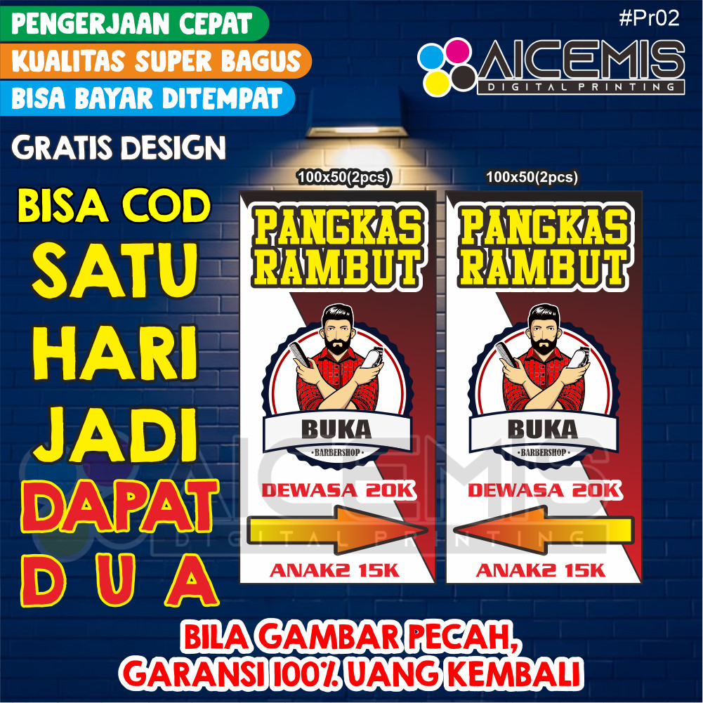 DAPAT 2PCS Spanduk Pangkas Rambut  / SPANDUK 1 HARI JADI/ Babershop Ukuran 50cmX50cm / Spanduk Pangk