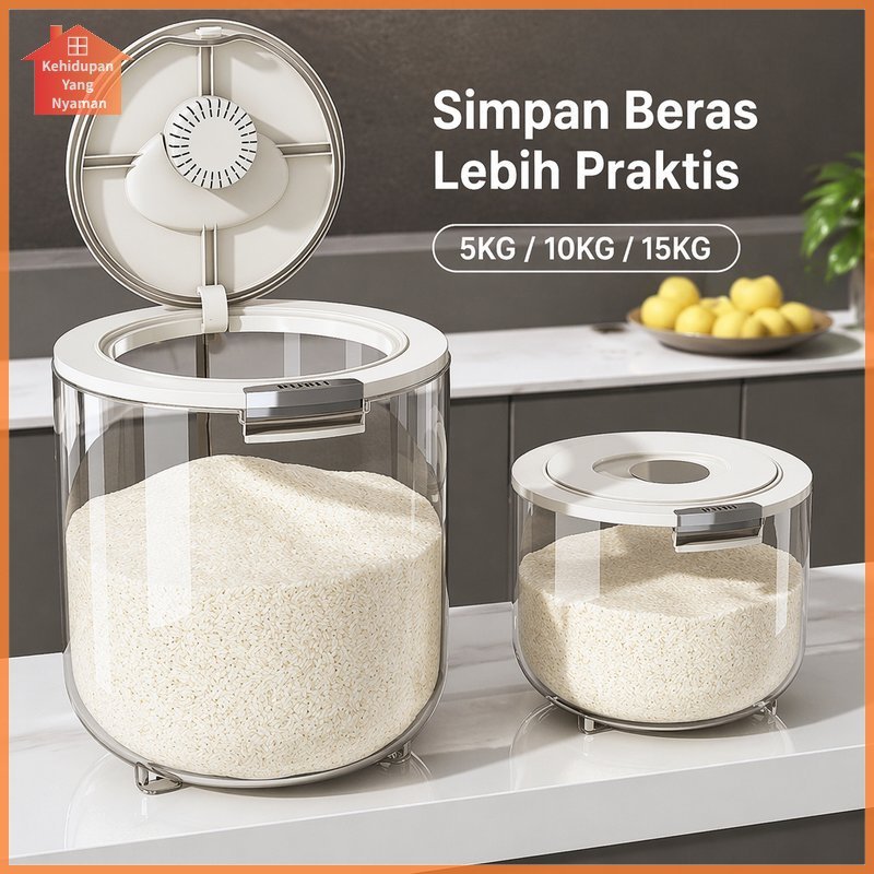 Wadah Beras Rice Box Dispenser Penyimpanan Makanan Anti Debu Anti Lembab Transparan Gelas Takar