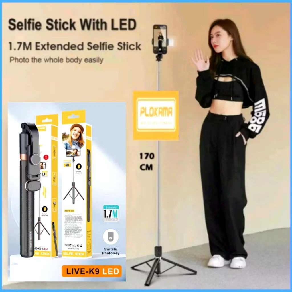 (Travel By Me) PLOKAMA TONGSIS K9 LED TONGSIS TRIPOD K9 SELFIE STICK LED 4 IN 1 170CM