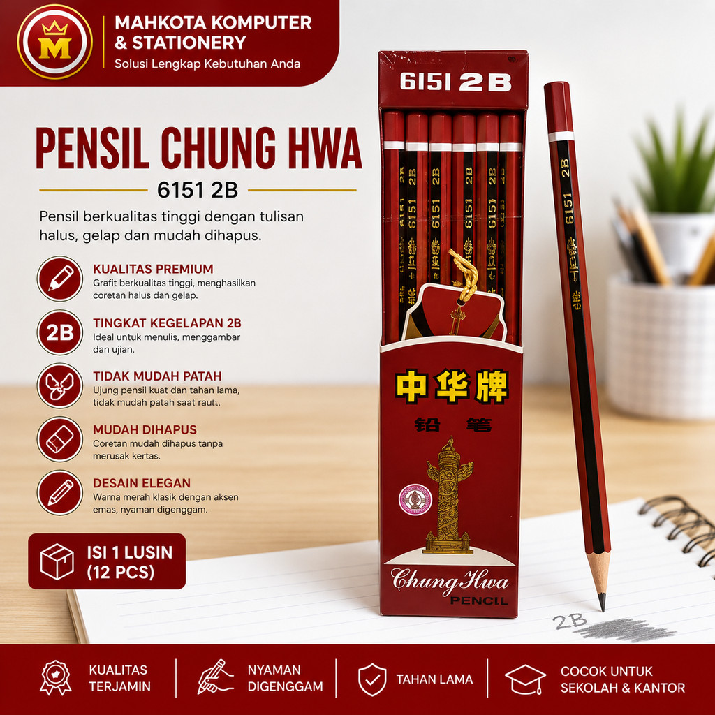 Pensil Chung Hwa 6151 2B Original / Pensil Ujian Sekolah Menggambar Isi 12 Pcs
