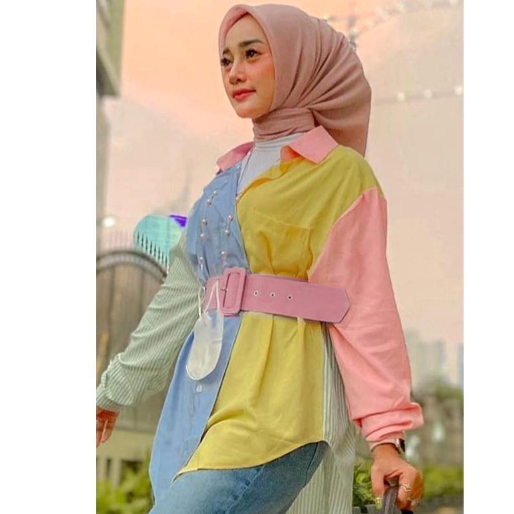 YR 3M KEMEJA 2490 TM THREE M ESTRILLIAN PATCHWORK STRIPED SHIRT /  DAPAT FREE BELT
