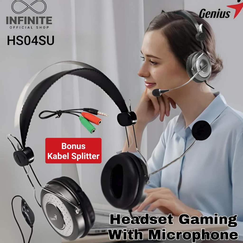 Headset Headphone Gaming Microphone GENIUS HS04SU Kabel Jack 3,5mm  Stereo Bass