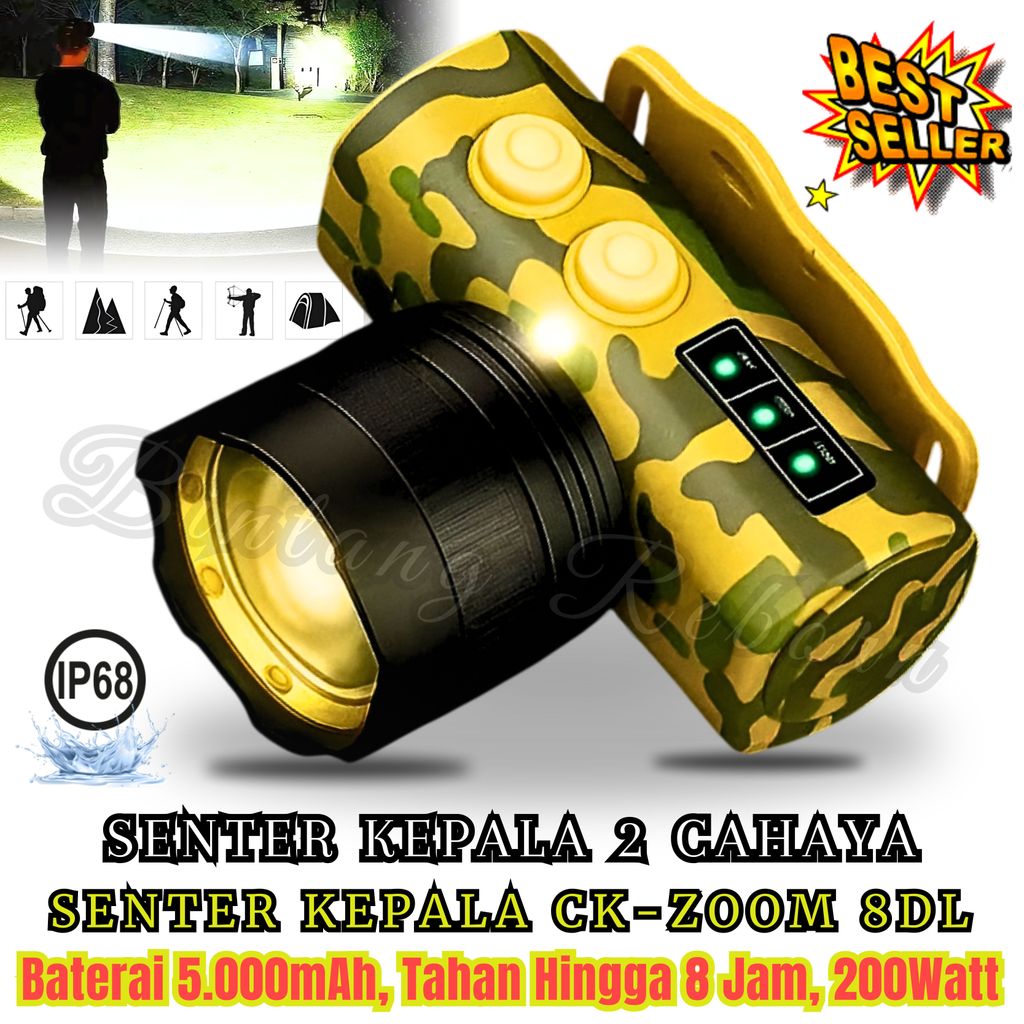 PROMO// Senter Kepala Super Terang KISEKI CK-ZOOM8 DL / Senter Led 200w / Senter Kepala 200Watt Supe