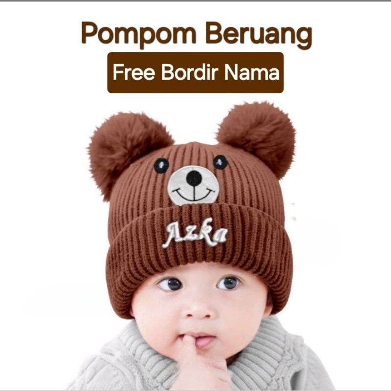 Kupluk Bayi.Topi Bayi.Kupluk Karakter Beruang Anak Bayi Pompom Bebas Bordir Nama