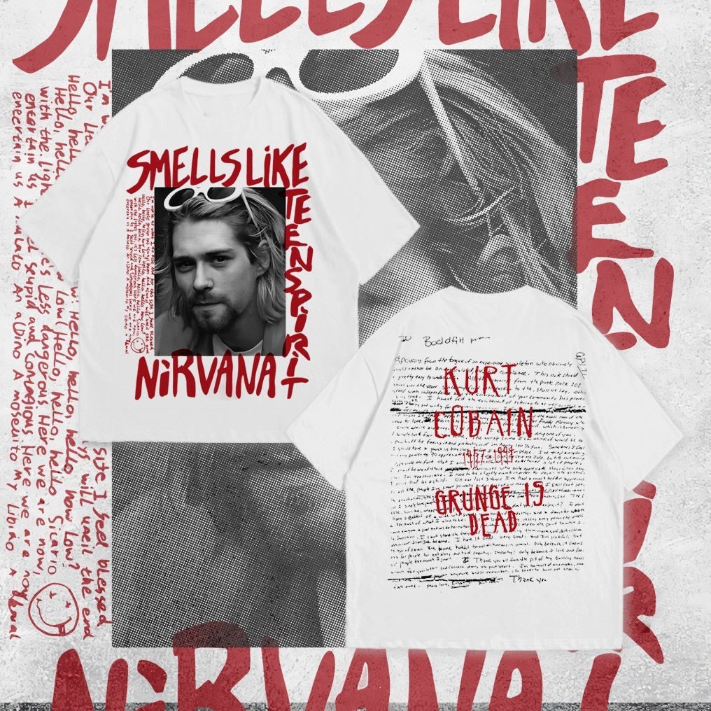 Baju Kaos P&B Oversize Nirvana Kurt Cobain - T Shirt Nirvana Oversized White 20s T-shirt Pria