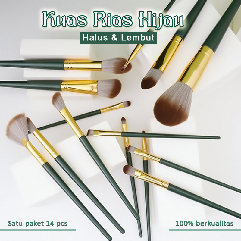 Travel Makeup Brush Set Seri Hijau Lengkap Dengan Pouch Praktis Blush On Eyeshadow Highlighter Found