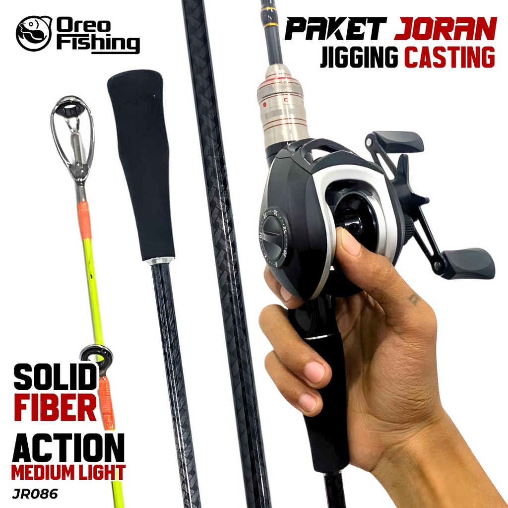 Paket 1 Set Joran Pancing Jigging Fiber Solid Medium Light Lengkap dengan Reel Pancing Baitcasting G