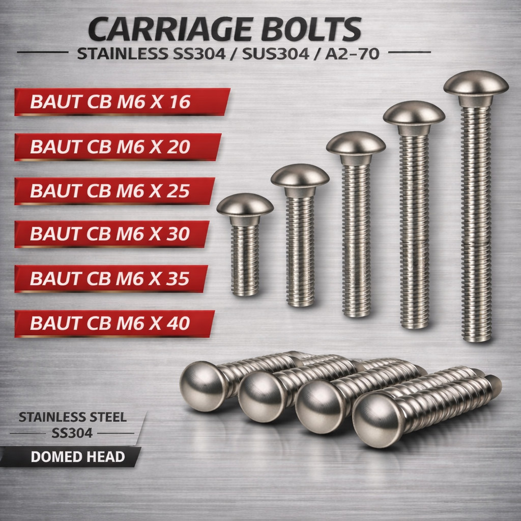 Baut CB M6X30 / Baut Bemper 6X30 / Carriage Bolt M6 X 30 / Baut Payung 6 X 30 / Baut Pagar M6X30 Sta