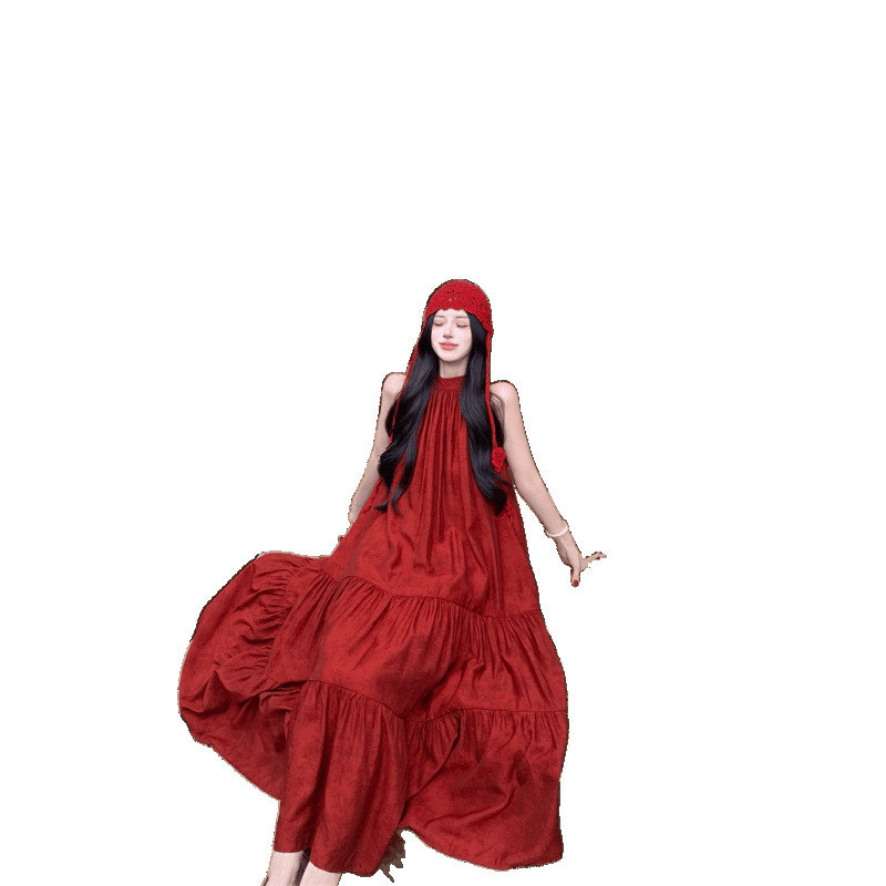 [ Luna Style Id] Anggur Antik Merah Tak Berlengan Leher Dress Longgar Gaya Liburan Tepi Laut