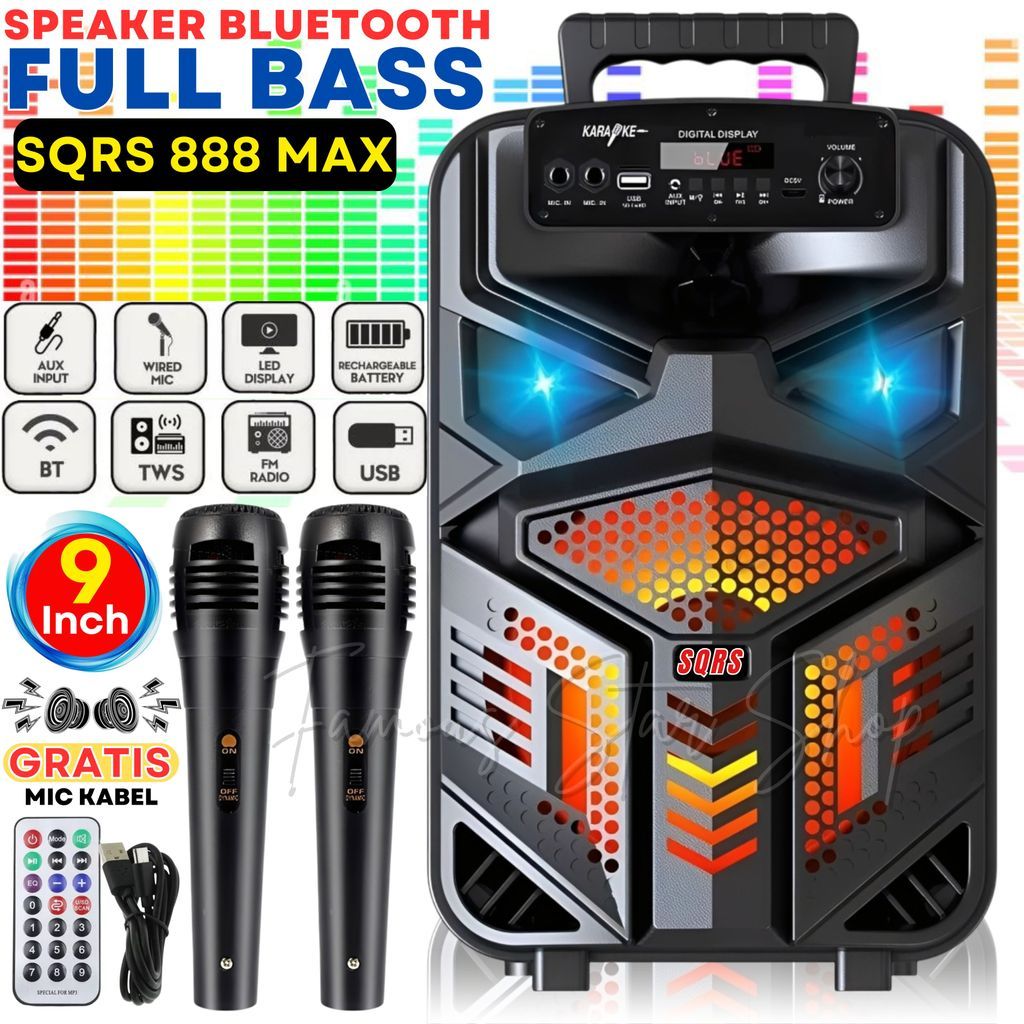 Speaker Bluetooth Karaoke Speaker Full Bass 9Inch Dual Mic Karaoke Speaker TV, HP, Laptop, Komputer 