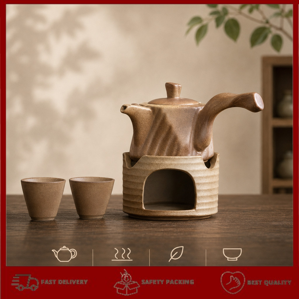 Set Teko Gelas Keramik Kopi Teh 1 Teapot 2 Cup with Heating Base